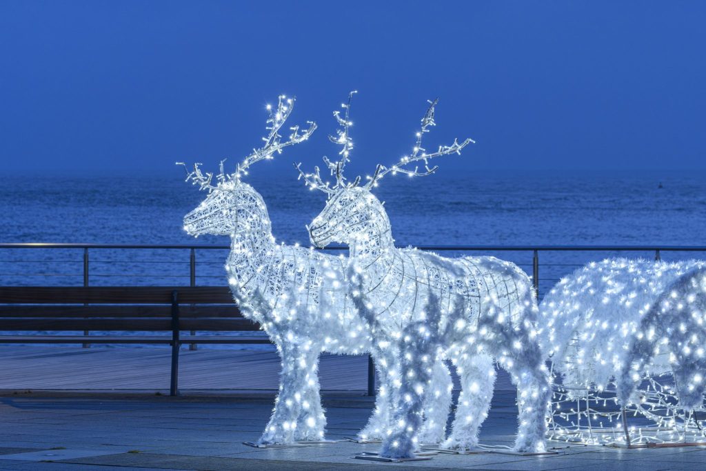 Décoration lumineuse en forme de rennes.